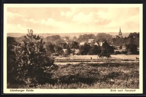 AK Hanstedt, Blick über Heidelandschaft zum Ort