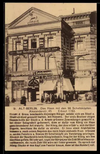 AK Berlin, Haus mit den 99 Schafsköpfen, Alexanderstrasse 45, erbaut 1783