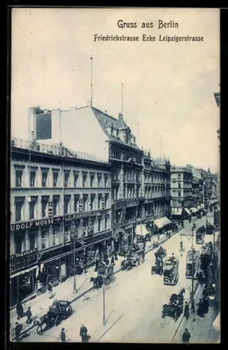 AK Berlin, Friedrichstrasse Ecke Leipzigerstrasse, Busse, Pferdefuhrwerke