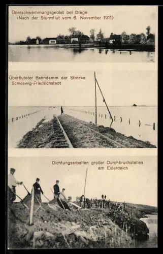 AK Drage, Überschwemmungsgebiet nach der Sturmflut 1911, Dichtungsarbeiten grosser Durchbruchstellen am Eiderdeich