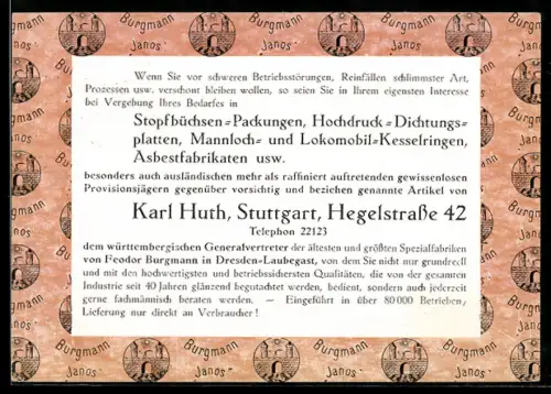 AK Stuttgart, Vertreter Karl Huth der Spezialfabriken Burgmann Janos, Werbetext mit Firmensignet