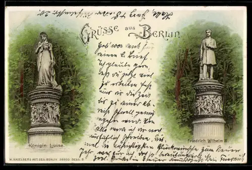 Lithographie Berlin-Tiergarten, Königin Luise und Friedrich Wilhelm III. Denkmäler