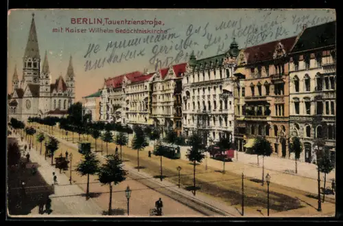 AK Berlin-Charlottenburg, Tauentzienstrasse mit Gedächtniskirche aus der Vogelschau, Strassenbahn