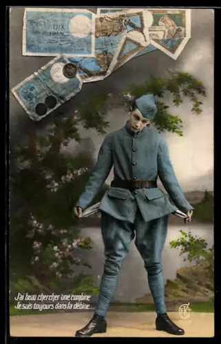 AK Soldat mit leeren Taschen unter Zehn Francs-Scheinen