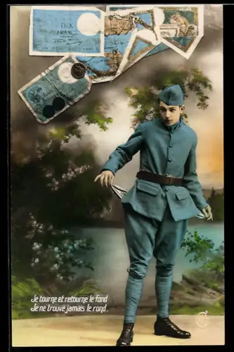 AK Soldat mit leeren Taschen unter Zehn Francs-Scheinen