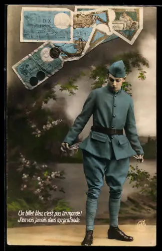 AK Soldat mit leeren Taschen unter Zehn Francs-Scheinen