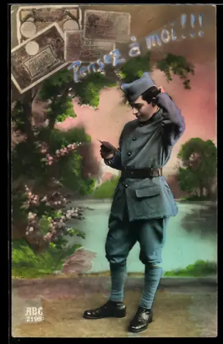 AK Soldat liest unter Francs-Scheinen einen Brief