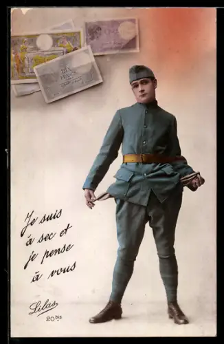 AK Soldat mit leeren Taschen unter zehn Francs-Scheinen