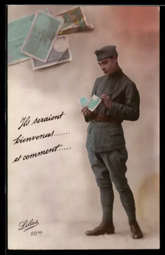 AK Soldat mit Francs-Scheinen in der Hand