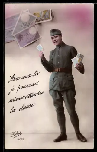 AK Soldat mit Francs-Scheinen