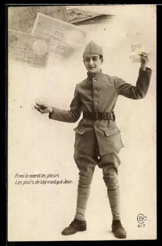 AK Soldat mit Francs-Scheinen