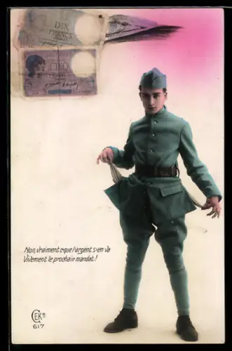 AK Soldat mit leeren Taschen, Geldscheine