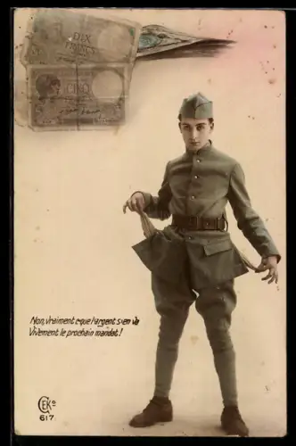 AK Soldat mit leeren Taschen unter Francs-Scheinen