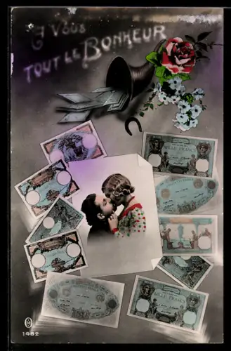 AK Paar beim Kuss zwischen diversen Francs-Scheinen unter einem Füllhorn