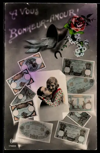 AK Paar beim Kuss zwischen Francs-Scheinen unter einem Füllhorn