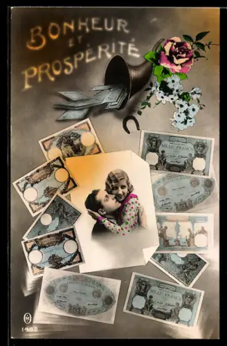 AK Verliebtes Paar zwischen Francs-Scheinen unter einem Füllhorn