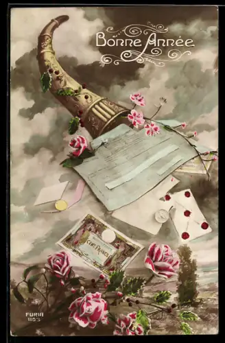 AK Briefe, Francs-Scheine und Rosen fallen aus einem Füllhorn