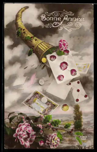 AK Francs-Scheine, Briefe und Rosen fallen aus einem Füllhorn