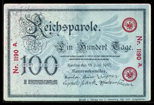 AK Reichsparole Ein Hundert Tage, Geldschein mit Reichsadler, Siegel Deutsches Reich, Reservekomitee