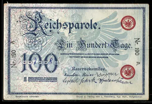 AK Reichsparole Ein Hundert Tage, Geldschein mit Reichsadler, Reservekomitee