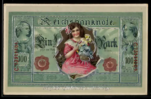 AK Reichsbanknote mit Mädchen als Gratulantin, Blumen, Geburtstagsgruss