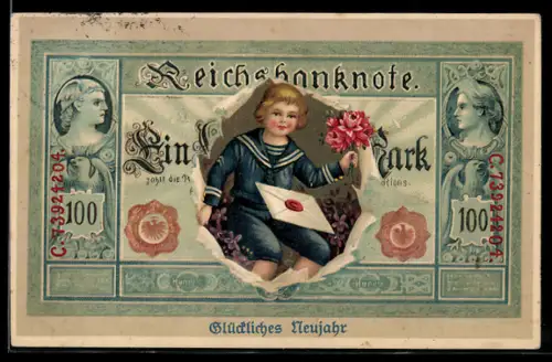 AK Reichsbanknote mit Knabe als Gratulant, Blumen, Neujahrsgruss