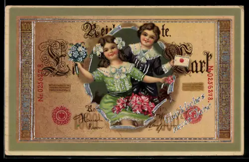 AK Reichsbanknote Ein Tausend Mark, Kinder gratulieren mit Blumen und Brief, Glückwunsch zum Geburtstag