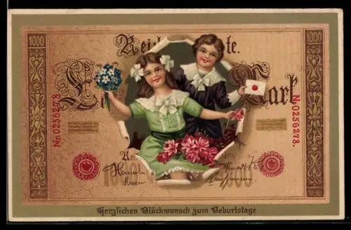 AK Reichsbanknote mit Mädchen u. Knabe als Gratulanten, Blumen, Brief, Geburtstagsgruss