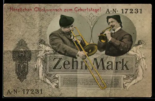 AK Zehn Mark, Trompeter und Posaunist, Geburtstagsgruss