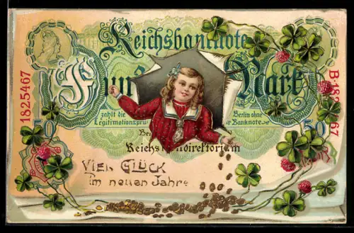 AK Mädchen schaut aus einer Fünfzig Mark Reichsbanknote, Münzen und Glücksklee im neuen Jahr