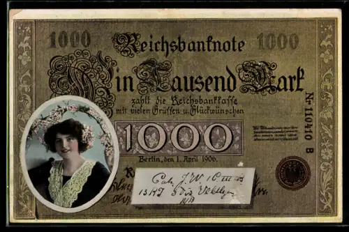 AK Reichsbanknote Ein Tausend Mark, Mädchenportrait, Glückwunschkarte