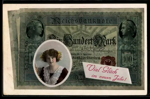 AK Neujahr, Reichsbanknote, Frauenportrait