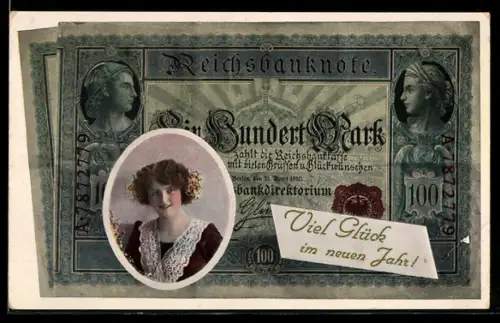 AK Neujahr, Reichsbanknote, Frauenportrait