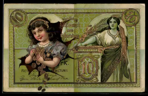 AK Reichsbanknote 10 Mark, Kind mit Goldmünzen