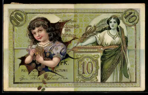 AK Reichsbanknote 10 Mark, Kind mit Goldmünzen
