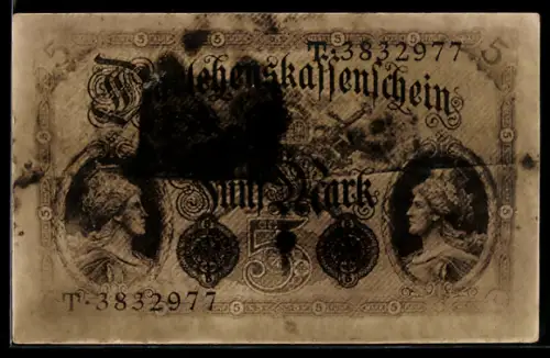 AK Darlehenskassenschein Fünf Mark, Portraits