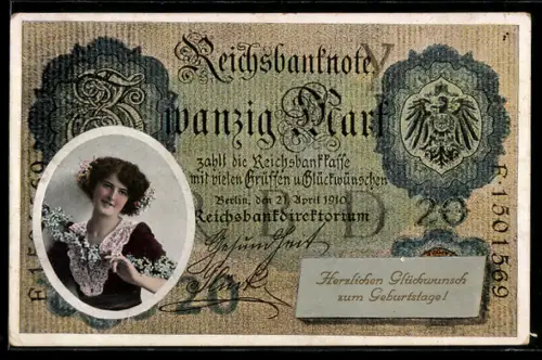AK Reichsbanknote Zwanzig Mark, Mädchenportrait, Geburtstagsgruss
