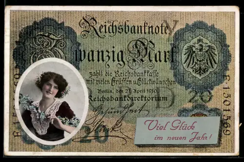 Lithographie Berlin, Reichsbankdirektorium, Reichsbanknote Zwanzig Mark, Junge hübsche Frau mit Blumen