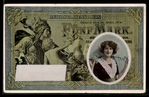AK Reichskassenschein Fünf Mark, Mädchenportrait, Figuren mit Taube