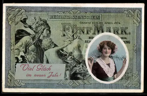 AK Reichskassenschein Fünf Mark, Mädchenportrait, Allegorische Figuren mit Taube, Neujahrsgruss