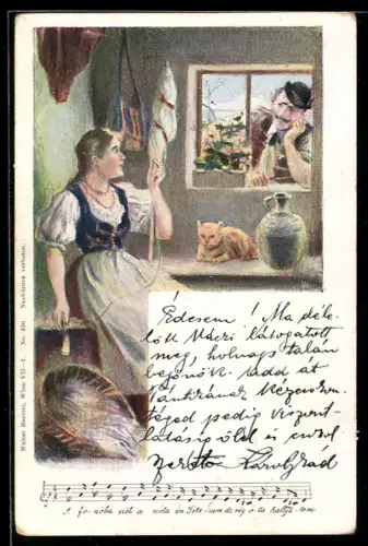 AK Frau an einem Spinnrad spricht durch ihr Fenster mit einem Mann, eine Katze liegt daneben