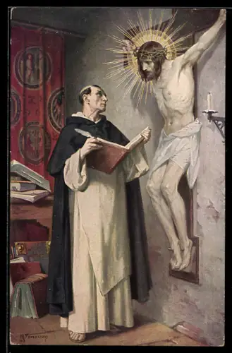 Künstler-AK sign. M. Feuerstein: Mönch vor dem gekreuzigten Jesus Christus, Schutzpatron