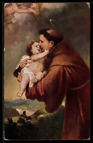 AK Mönch mit Heiligenschein hält ein Kleinkind in den Armen, Schutzpatron