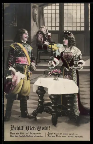 AK Mann mit Säbel und eine Frau stehen an einem Tisch, Behüt Dich Gott!