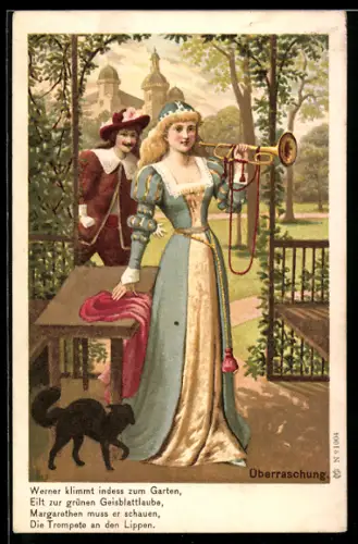 AK Frau mit Trompete, neben ihr eine schwarze Katze, Behüt Dich Gott!