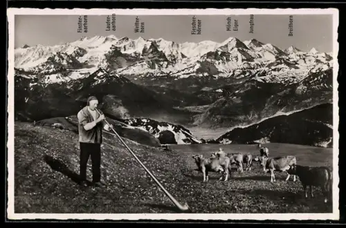 AK Pilatus-Kulm, Preisalphornbläser Jos. Kuster, Blick gegen Berneralpen mit Eiger, Mönch und Jungfrau