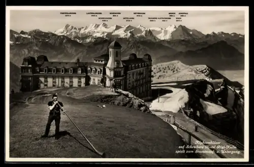 AK Rigi-Kulm, Schreibers Hotel, Alphornbläser spielt zum Sonnenauf- und untergang