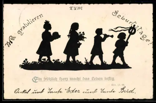 AK Schattenbild, Kinder mit Kuchen, Ein fröhlich Herz macht das Leben lustig, Spr. 17, 22, Sinnspruch, Geburtstagsgruss