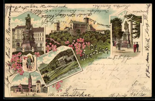 Lithographie Eisenach, Die Wartburg, Luther-Denkmal, Seb. Bach-Denkmal
