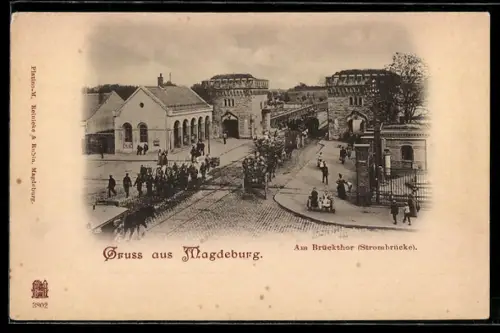 AK Magdeburg, Am Brücktor, Strombrücke mit Pferdewagen
